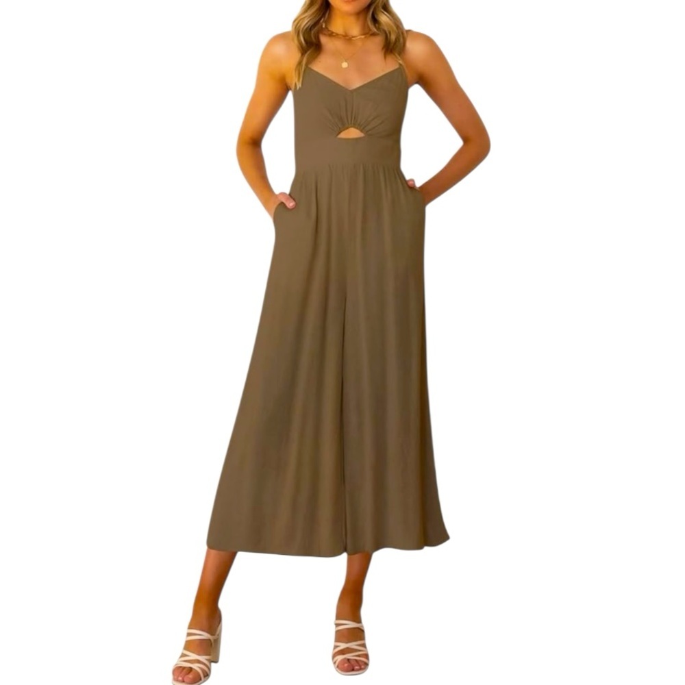 ANRABESS Brown V Neck Spaghetti Strap Cutout Linen Wide Leg Navy Jumpsuit L NWT